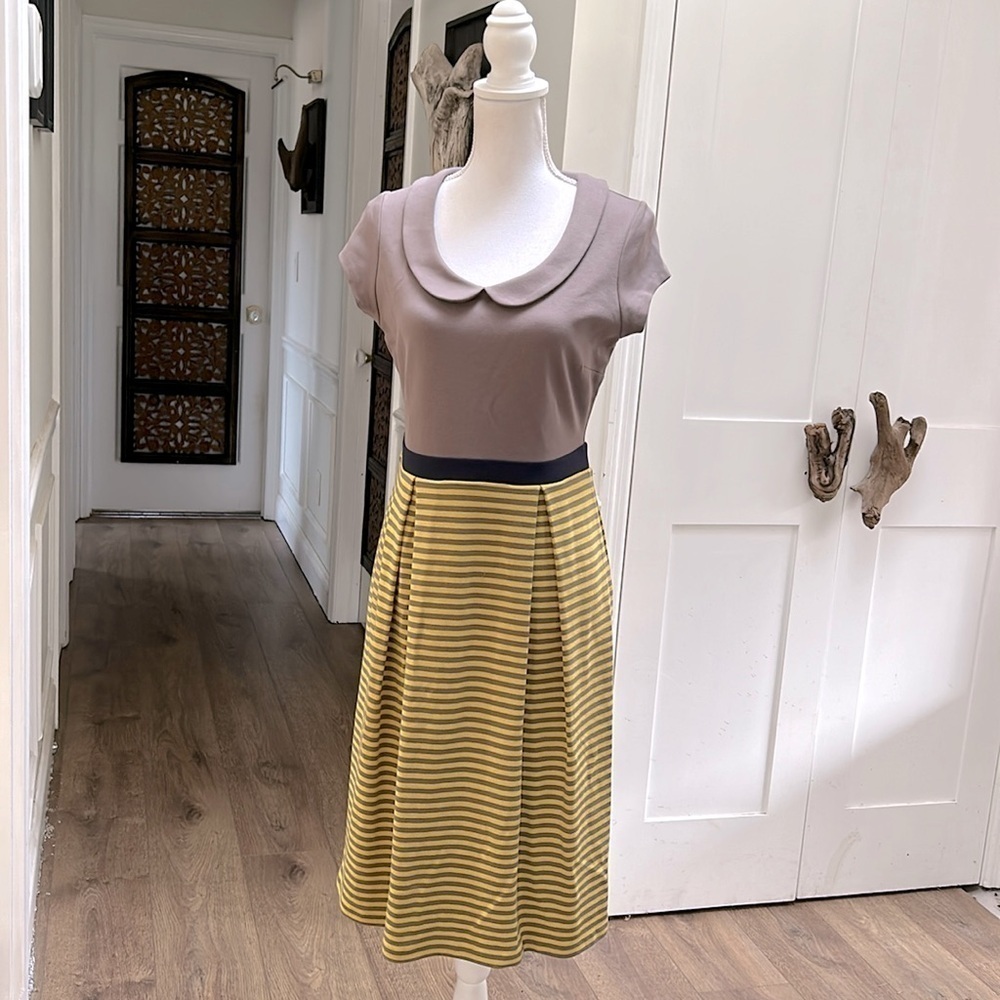 Boden Twee Knit Midi Dress Brown Yellow Stripe Peter Pan Collar Fit Flare 8L